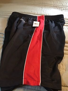 Men's Black Athletic Shorts with Red Center Stripe